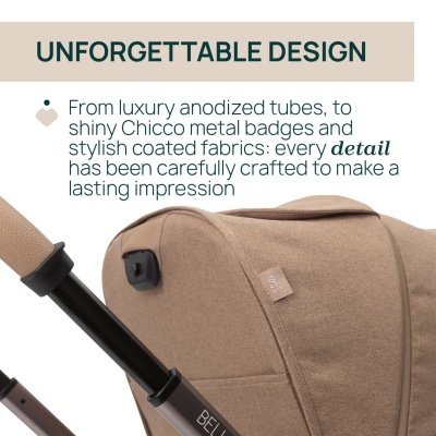 Carrinho de bebé bege com detalhes metálicos e tecido revestido