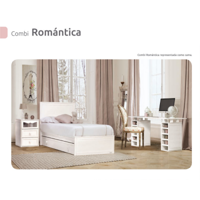 Quarto com cama de madeira branca, mesas de cabeceira, cadeira floral e secretária com computador