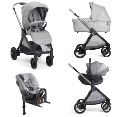 Conjunto de carrinho de bebé cinza com cadeira, moisés, alcofa e cadeira auto.