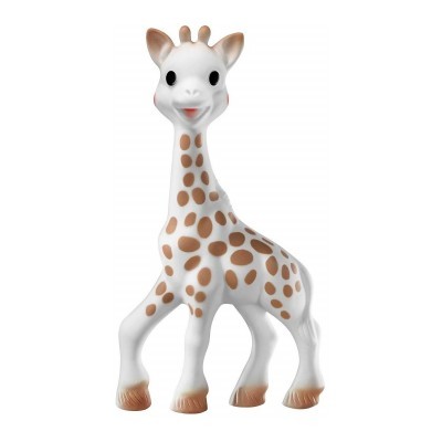 Brinquedo macio de girafa branco com manchas castanhas e olhos grandes