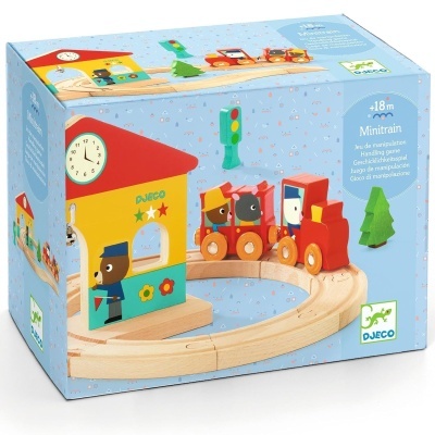 Conjunto de trem de madeira colorido com carris e acessórios em embalagem azul