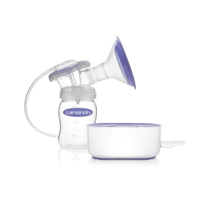 Bomba de leite materno elétrica Lansinoh com copo medidor e unidade elétrica.