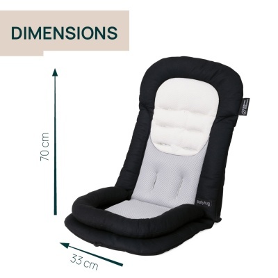 Assento almofadado cinzento claro e preto com etiquetas e dimensões indicadas