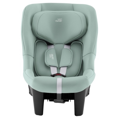 Cadeira auto infantil verde água com arnês de cinco pontos e texto britax römer