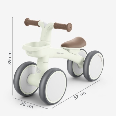 Carrinho de equilíbrio infantil branco com rodas cinzentas e detalhes castanhos