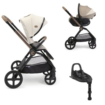 Carrinho de bebé bege e castanho Chicco MYSIA com cadeira auto e base de fixação