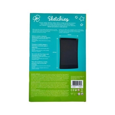 Embalagem azul e verde com imagem de dispositivo preto e texto em inglês