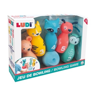 Jogo de bowling infantil com 5 pinos em forma de animais coloridos em embalagem
