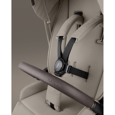 Cadeira de bebé bege com cintos de segurança e barra frontal castanha acolchoada