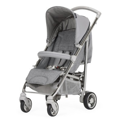 Carrinho de bebé cinza com estrutura metálica e rodas