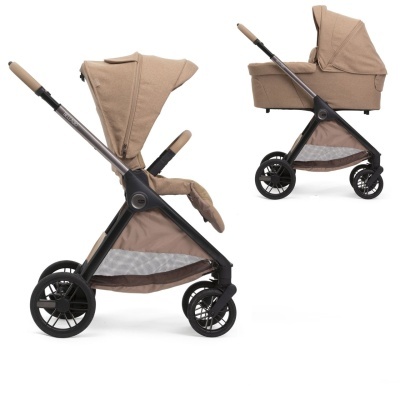 Carrinho de bebé bege com estrutura preta e capota