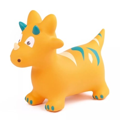 Brinquedo inflável amarelo em forma de dinossauro com detalhes azuis