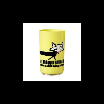 Vaso cerâmico amarelo com desenho de gato preto e padrão preto