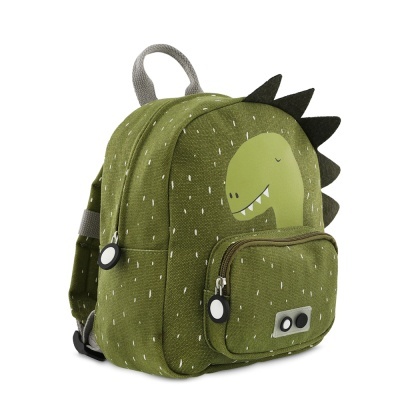 Mochila infantil verde com desenho de dinossauro e bolso frontal