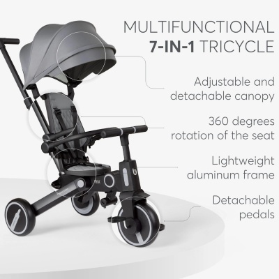 Triciclo multifuncional 7 em 1 cinzento com toldo ajustável e assento giratório