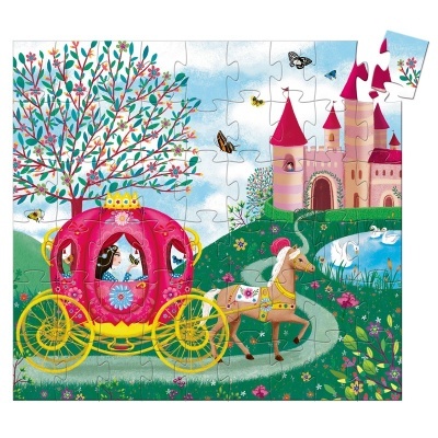 Puzzle infantil com carruagem rosa, cavalo castanho, castelo cor de rosa, lago com cisnes e borboletas