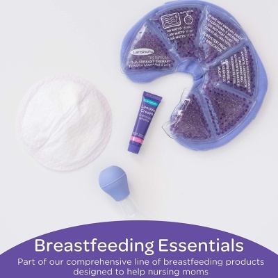 Conjunto de produtos de amamentação com almofada azul, creme Lanolin, disco branco e aplicador azul