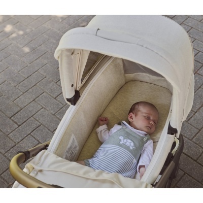 Bebé a dormir em carrinho bege com interior acolchoado