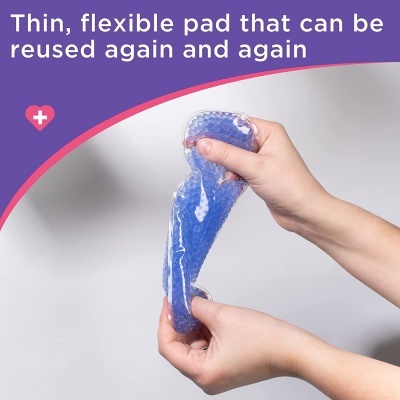 Bloco flexível transparente com esferas azuis nas mãos e texto descritivo em fundo roxo