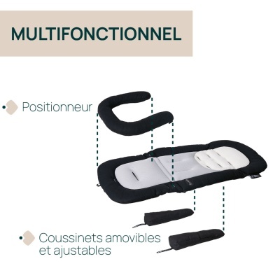 Posicionador preto e almofadas removíveis ajustáveis em cinza claro e preto