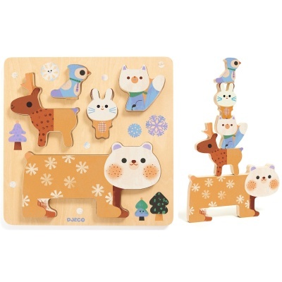 Puzzle de madeira colorido com peças de animais desenhados, montado e desmontado.