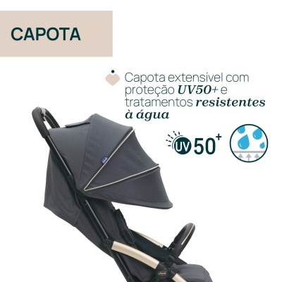 Carrinho de bebé com capota cinza escuro e detalhes dourados