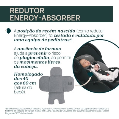 Redutor Energy-Absorber cinzento em cadeira de bebé preta com recém-nascido