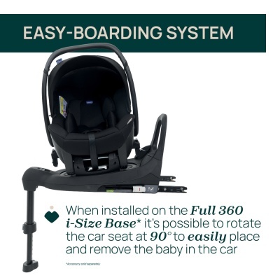 Cadeira auto para bebé preta Chicco com base de instalação e texto explicativo