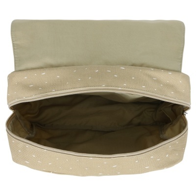 Mala pequena bege com pontos brancos e interior espaçoso castanho aberta