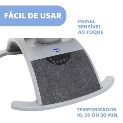 Base de assento Chicco cinza com painel sensível ao toque e texto em português.