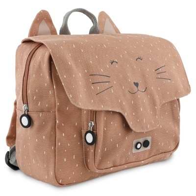 Mochila infantil cor de rosa com estampa branca e rosto de gato desenhado