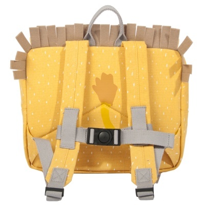 Mochila infantil amarela com alças cinzentas e franjas castanhas