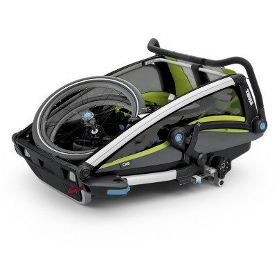 Carrinho para criança dobrável preto com detalhes verdes e cinzentos da Thule modelo CAB