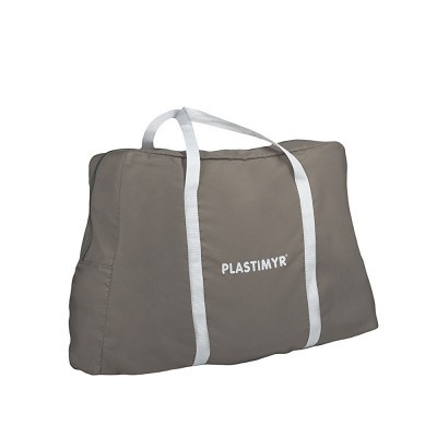 Mala de viagem cinzenta com alças brancas e logo PLASTIMYR