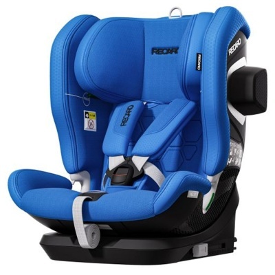 cadeira auto infantil azul com arnês e base preta