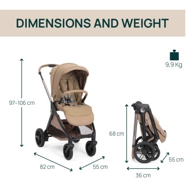 Carrinho de bebé bege com dimensões e peso indicados