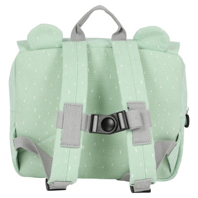 Mochila verde-menta para criança com alças acolchoadas cinzentas e fecho preto