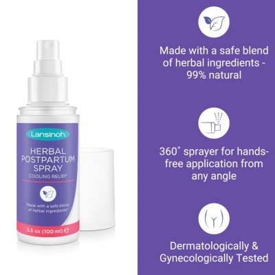 Frasco de spray Lansinoh Herbal Postpartum Spray com rótulo lilás e texto de destaque ao lado