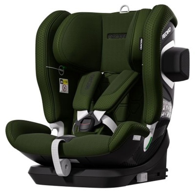 Cadeira auto verde escura com arnês cinco pontos e base preta