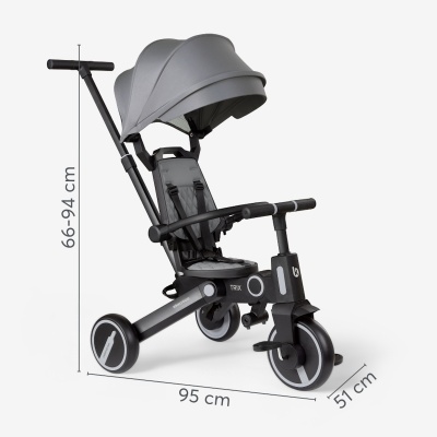 Triciclo infantil preto com capota cinza e barra ajustável