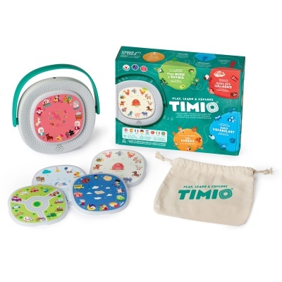 Dispositivo educativo TIMIO com discos temáticos, saquinho de pano e caixa colorida.