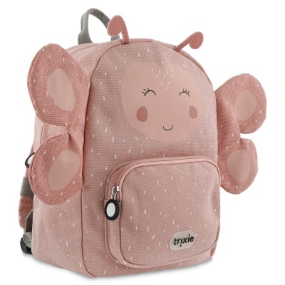 Mochila infantil rosa com design de inseto com asas e rosto sorridente
