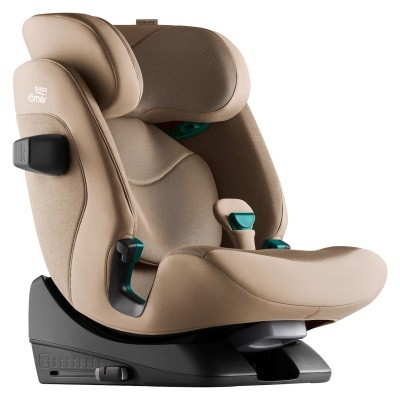 cadeira auto infantil bege Britax Römer com base preta e detalhes verdes