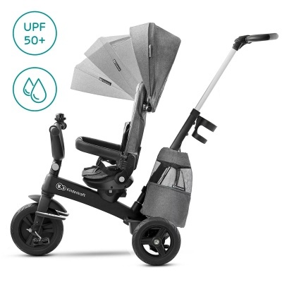 Triciclo infantil cinza com capota ajustável e alça de empurrar