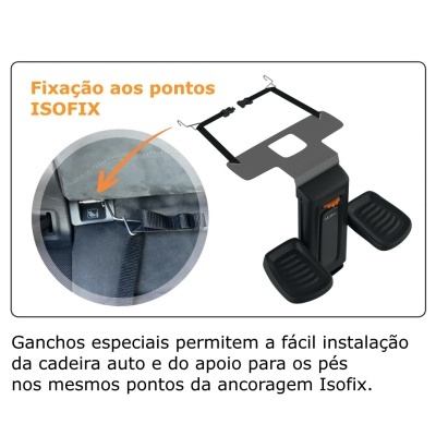 Apoio para pés preto com fixação ISOFIX e texto explicativo em português