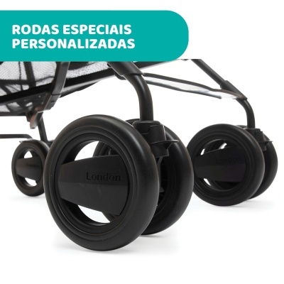 Rodas duplas pretas de carrinho com texto London e banner verde com texto