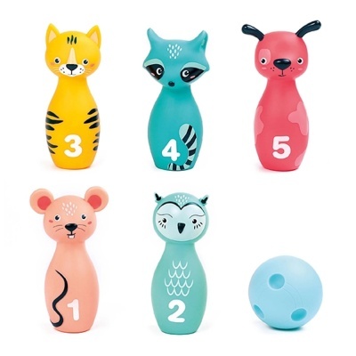 Conjunto infantil de boliche com pinos animais numerados e bola azul