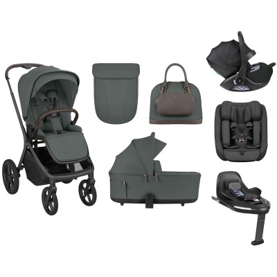 Conjunto completo para bebé com carrinho, alcofa, cadeira auto e bolsa na cor cinza e preto.