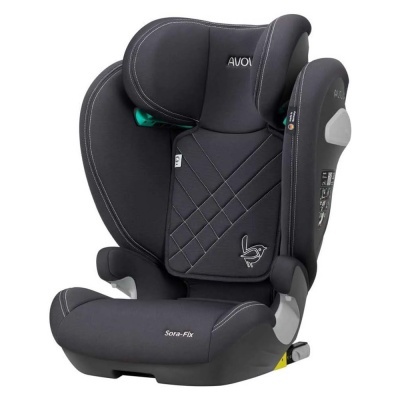 cadeira de criança automóvel preta com costura branca e logótipos