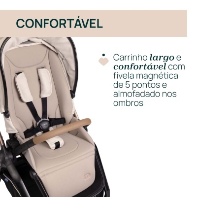 Carrinho de bebé bege com fivela magnética e almofadado, texto CONFORTÁVEL
